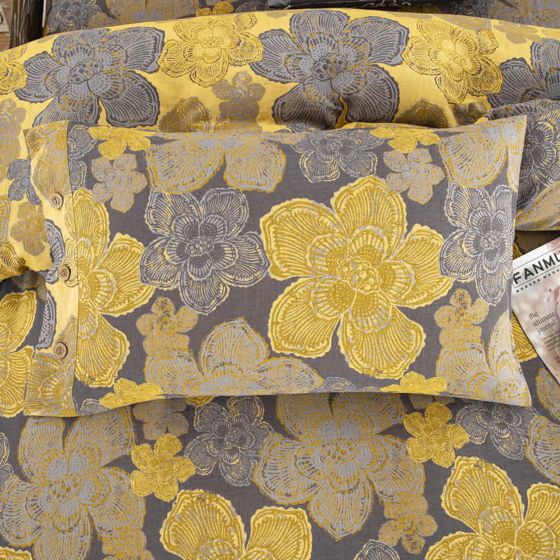 Parure de lit élégante en gaze de coton boutonnée à motif floral (4 pièces)