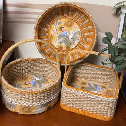 Panier de rangement fait main en corde de chanvre avec tournesol