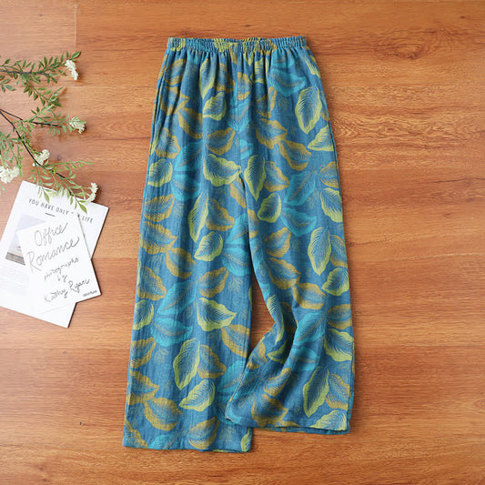 Pantalon de pyjama en gaze de coton à motif jacquard de feuilles vintage