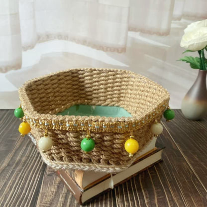 Panier de rangement hexagonal en corde de chanvre à motif floral