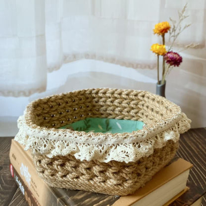 Panier de rangement hexagonal en corde de chanvre à motif floral