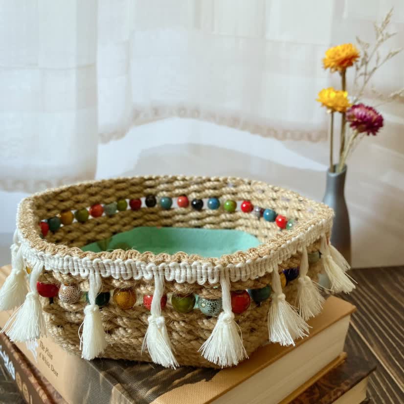 Panier de rangement hexagonal en corde de chanvre à motif floral