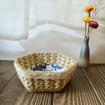 Panier de rangement hexagonal en corde de chanvre à motif floral