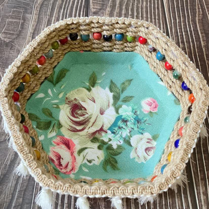Panier de rangement hexagonal en corde de chanvre à motif floral