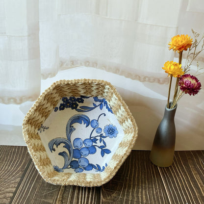 Panier de rangement hexagonal en corde de chanvre à motif floral