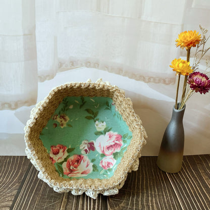 Panier de rangement hexagonal en corde de chanvre à motif floral