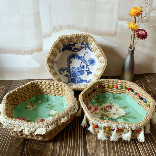 Panier de rangement hexagonal en corde de chanvre à motif floral
