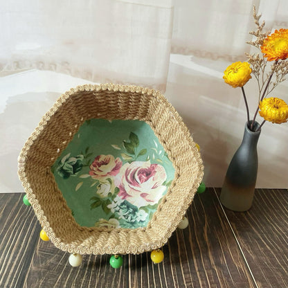 Panier de rangement hexagonal en corde de chanvre à motif floral