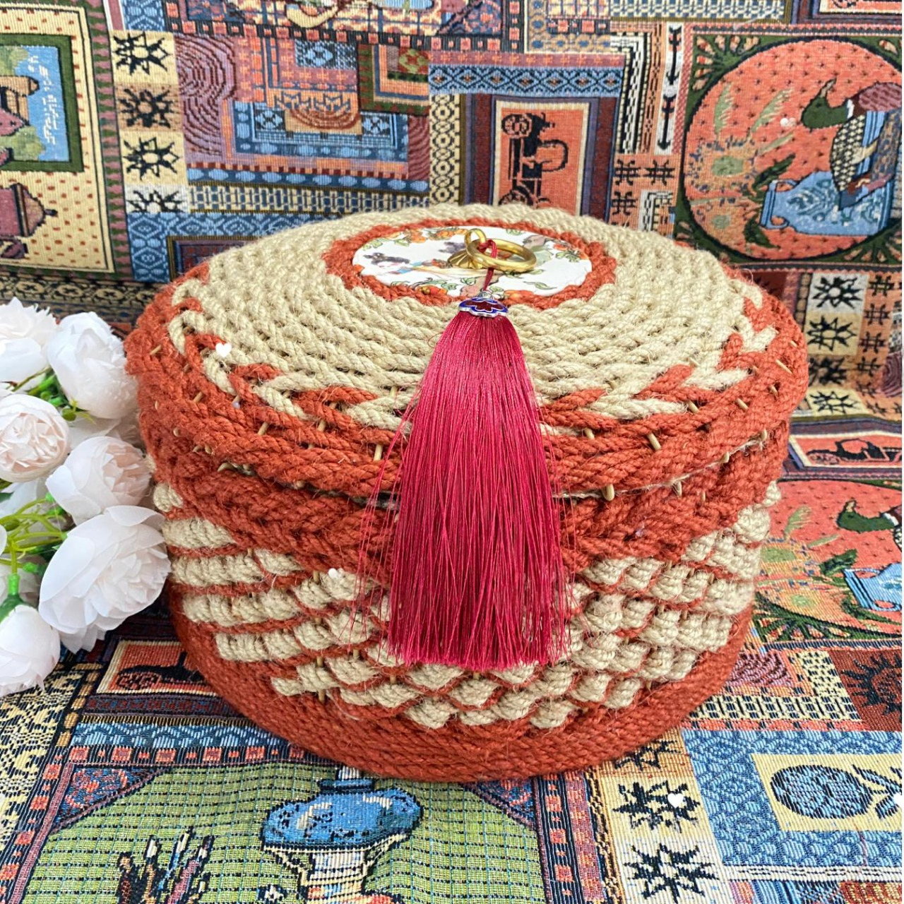 Panier de rangement fonctionnel rural en corde de chanvre