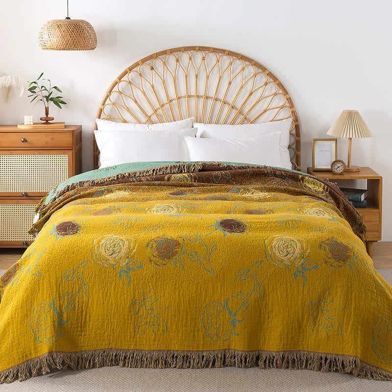 Couette réversible en gaze de coton de style vintage avec motif rose
