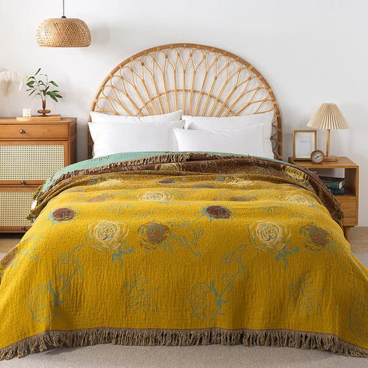 Couette réversible en gaze de coton de style vintage avec motif rose