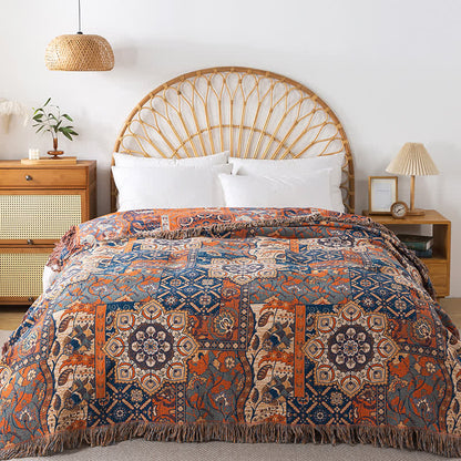 Couverture à pompons réversible en gaze de coton marocaine