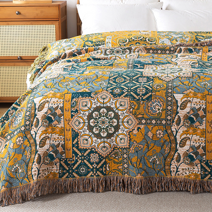Couverture à pompons réversible en gaze de coton marocaine