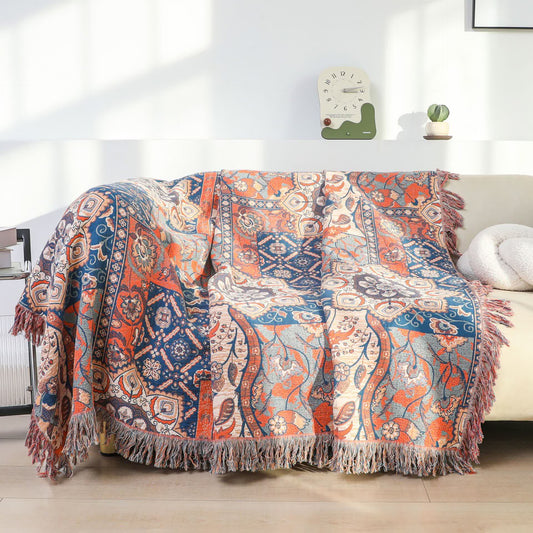 Couverture à pompons réversible en gaze de coton marocaine