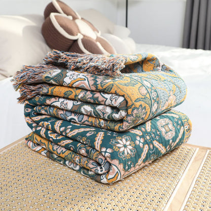 Couverture à pompons réversible en gaze de coton marocaine