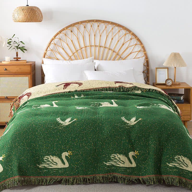 Élégante couette réversible en gaze de coton d'oie avec pompons
