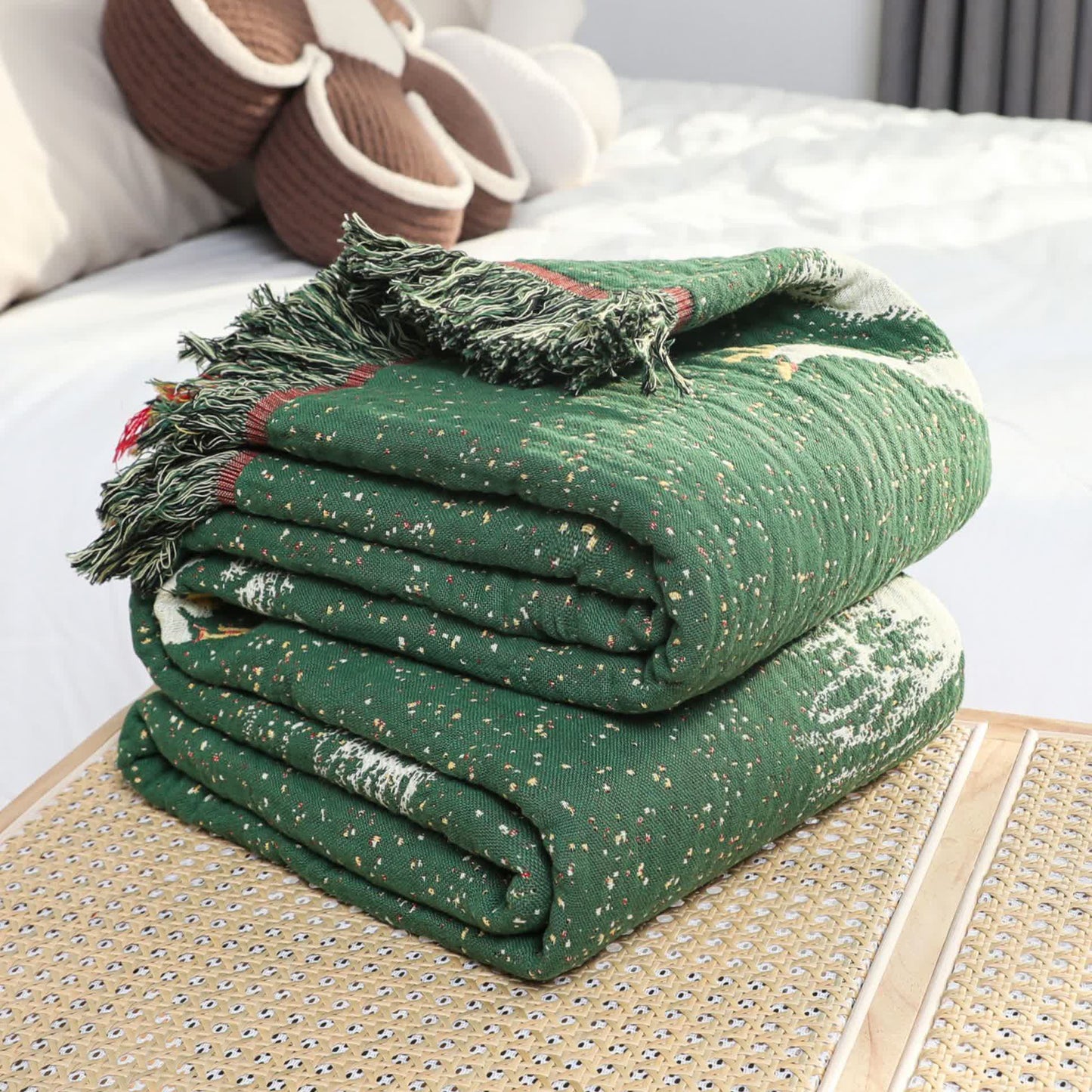 Élégante couette réversible en gaze de coton d'oie avec pompons