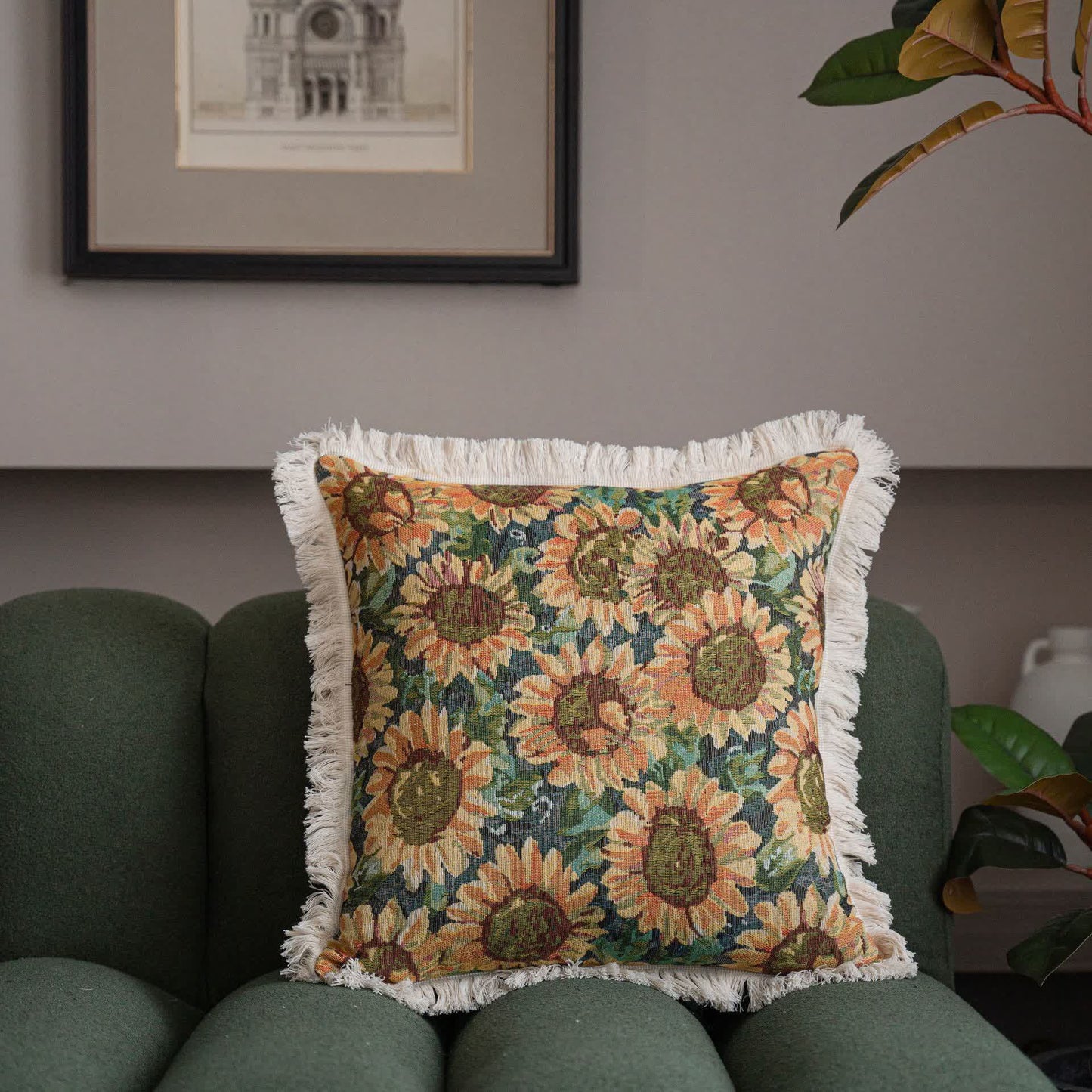 Housse de coussin en jacquard doux avec pompon tournesol