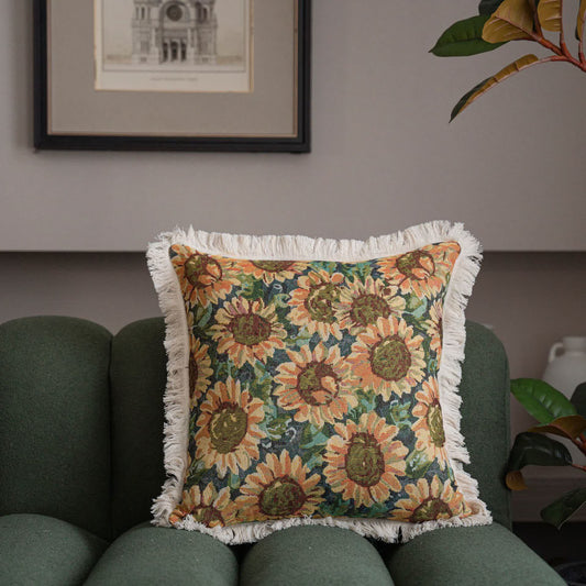 Housse de coussin en jacquard doux avec pompon tournesol