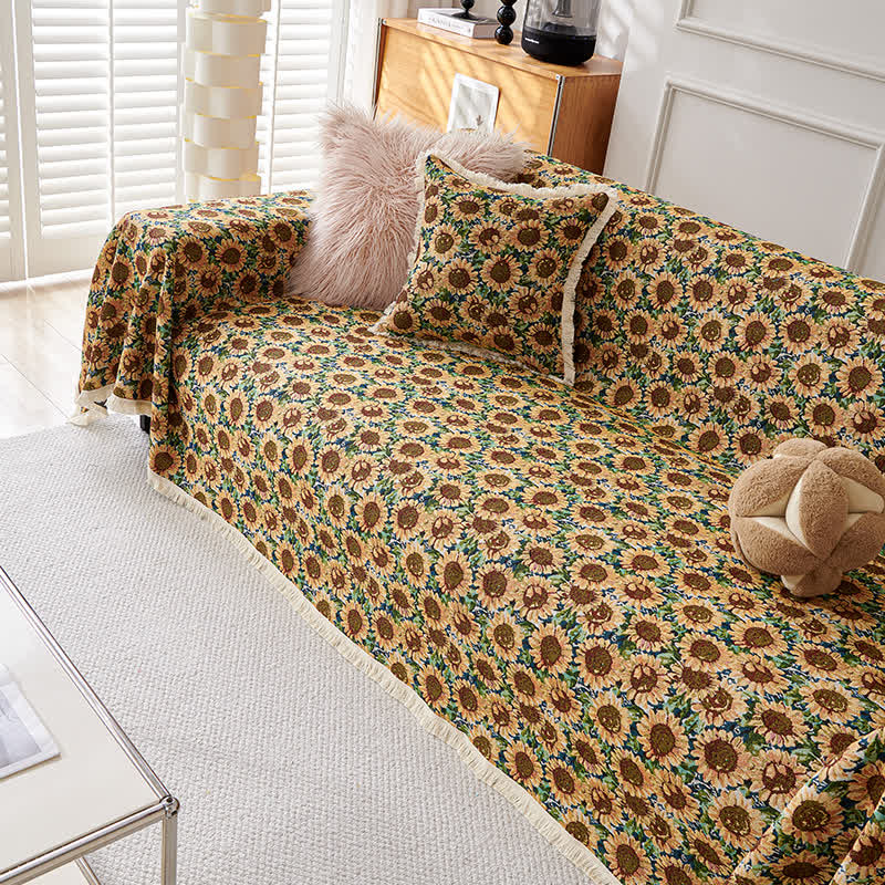 Housse de canapé en coton et lin avec pompon tournesol