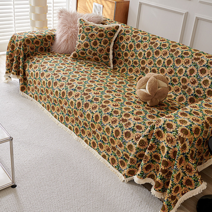 Housse de canapé en coton et lin avec pompon tournesol