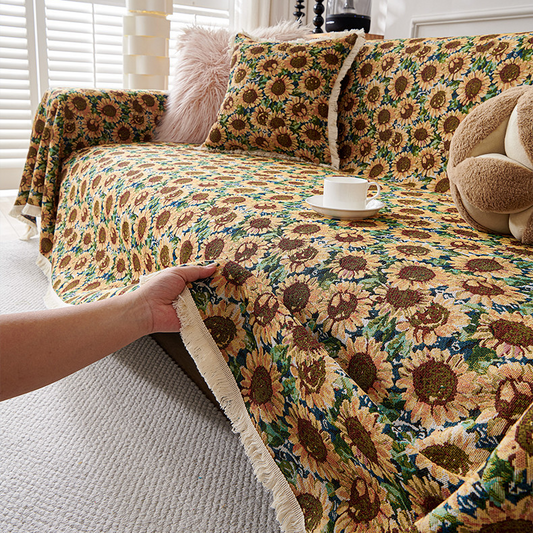 Housse de canapé en coton et lin avec pompon tournesol
