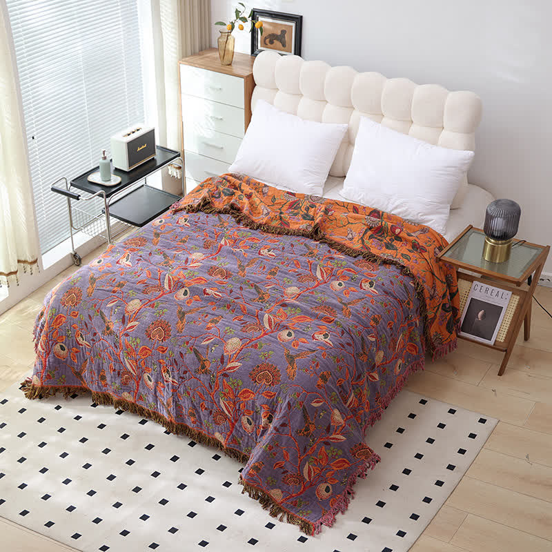 Couette légère en gaze de coton avec pompons à fleurs et oiseaux