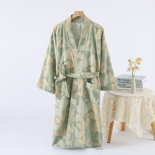 Peignoir de spa kimono jacquard en coton à motif feuilles