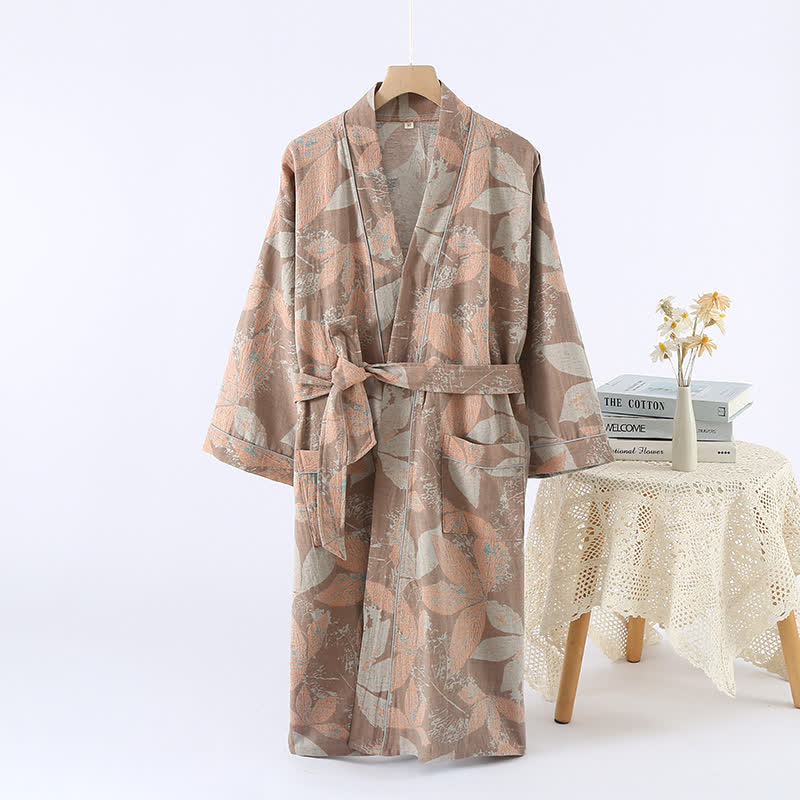 Peignoir de spa kimono jacquard en coton à motif feuilles