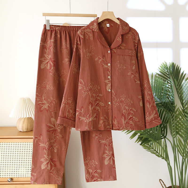 Ensemble de pyjama vintage en coton teint en fil avec revers jacquard
