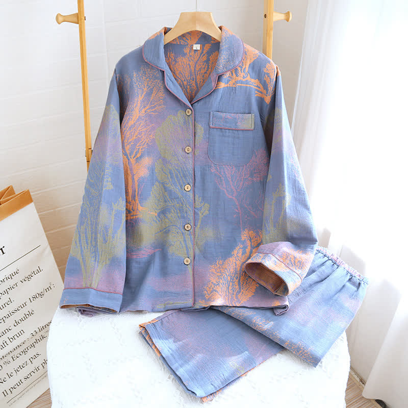 Ensemble pyjama en gaze de coton jacquard avec décolleté à revers