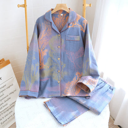Ensemble pyjama en gaze de coton jacquard avec décolleté à revers