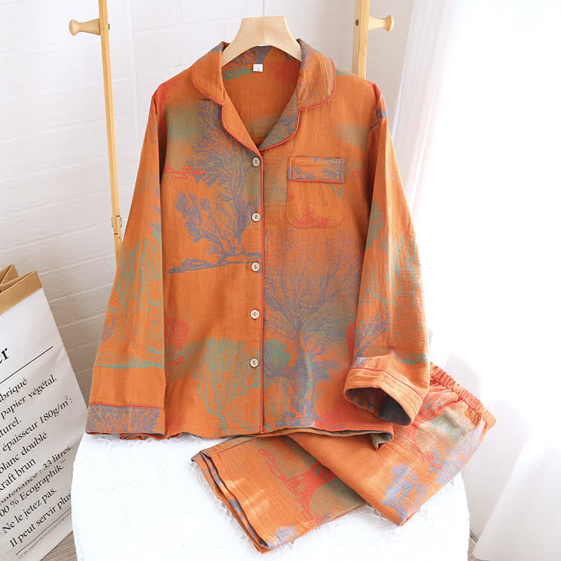 Ensemble pyjama en gaze de coton jacquard avec décolleté à revers