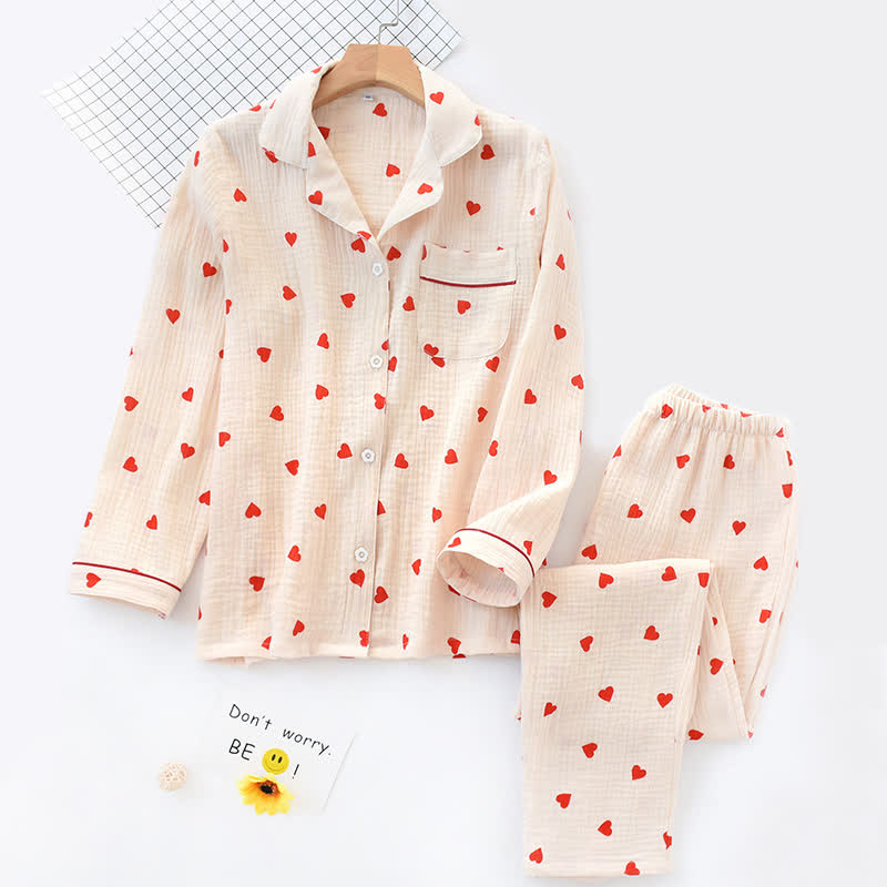 Ensemble de nuit en gaze de coton avec cœurs en jacquard