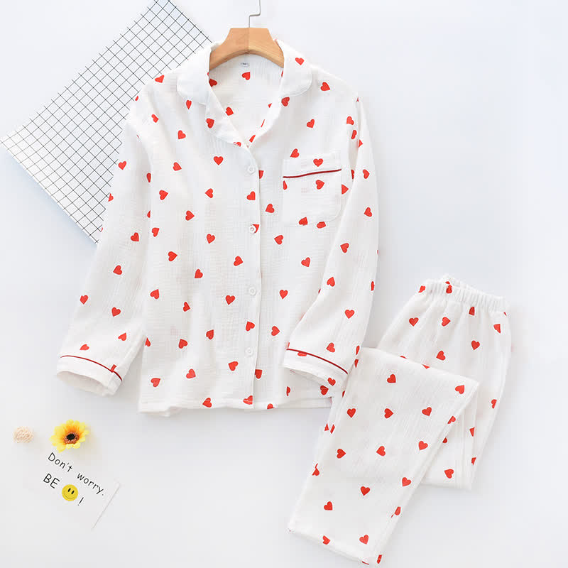 Ensemble de nuit en gaze de coton avec cœurs en jacquard