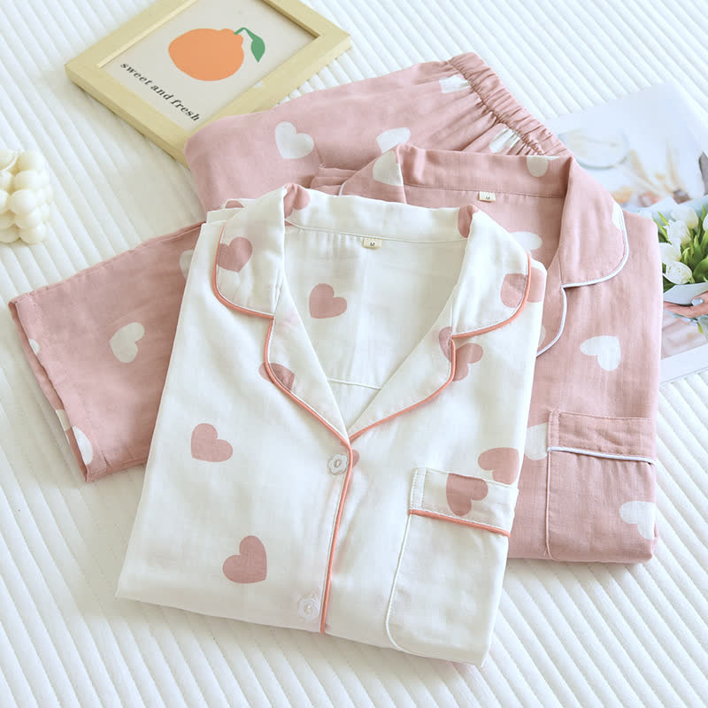 Ensemble pyjama en gaze de coton doux avec imprimé cœur