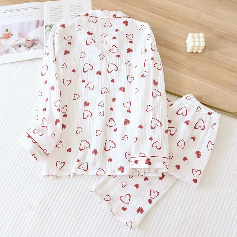 Ensemble pyjama en gaze de coton respirant avec revers en forme de cœur