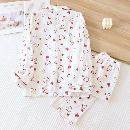 Ensemble pyjama en gaze de coton respirant avec revers en forme de cœur