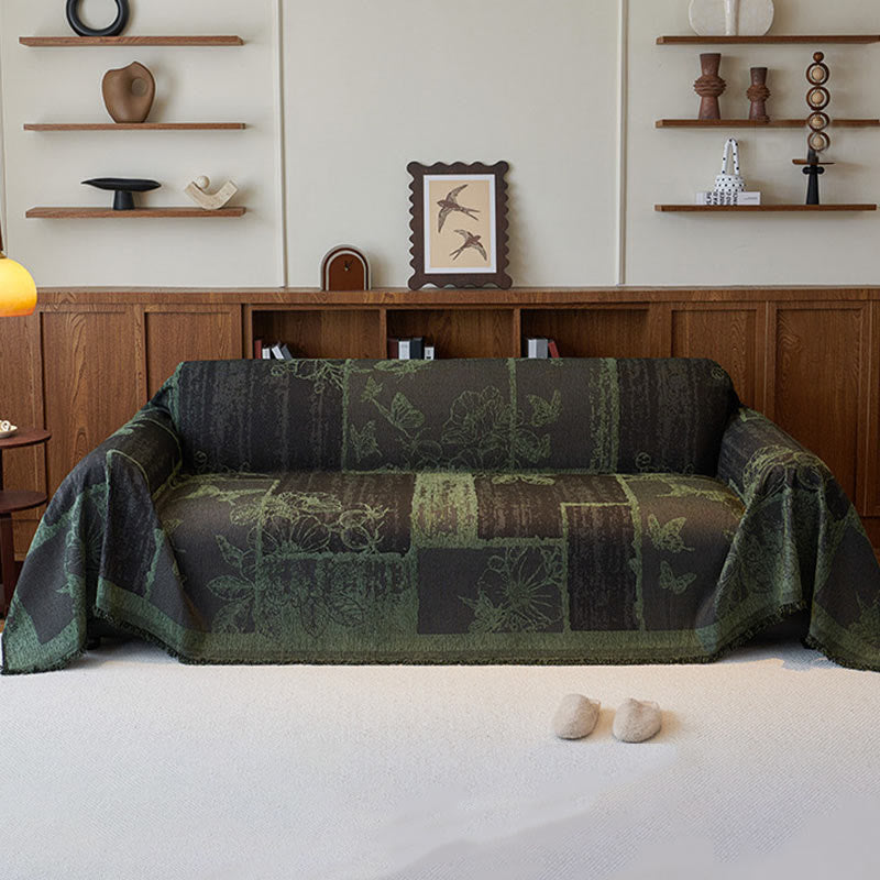 Housse de canapé en chenille avec plantes artificielles vintage et motif floral