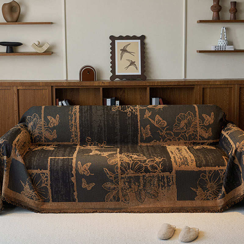 Housse de canapé en chenille avec plantes artificielles vintage et motif floral