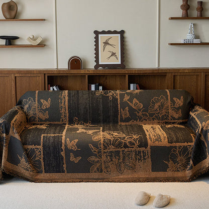 Housse de canapé en chenille avec plantes artificielles vintage et motif floral