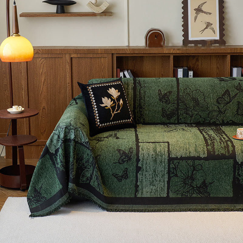 Housse de canapé en chenille avec plantes artificielles vintage et motif floral