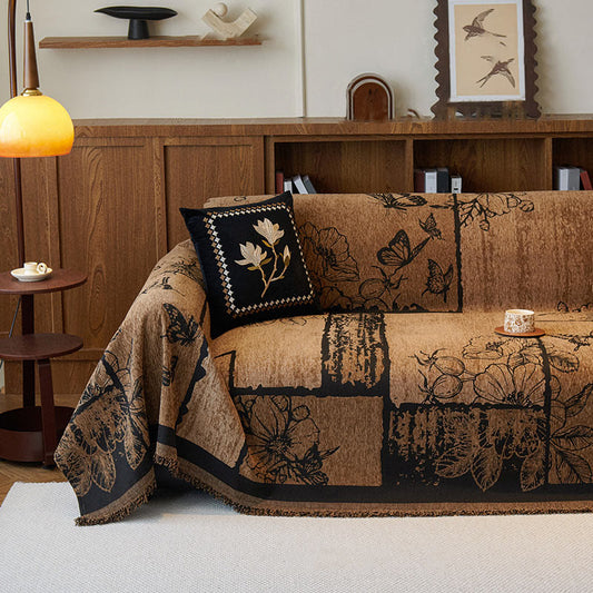 Housse de canapé en chenille avec plantes artificielles vintage et motif floral