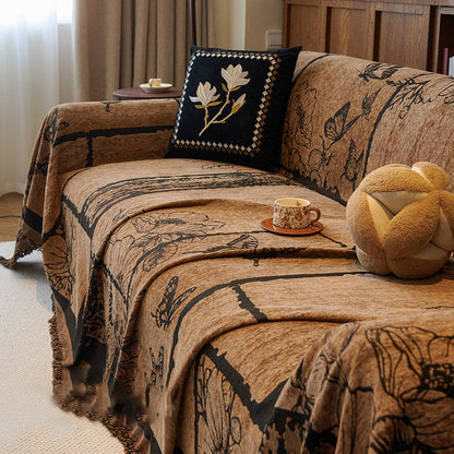 Housse de canapé en chenille avec plantes artificielles vintage et motif floral