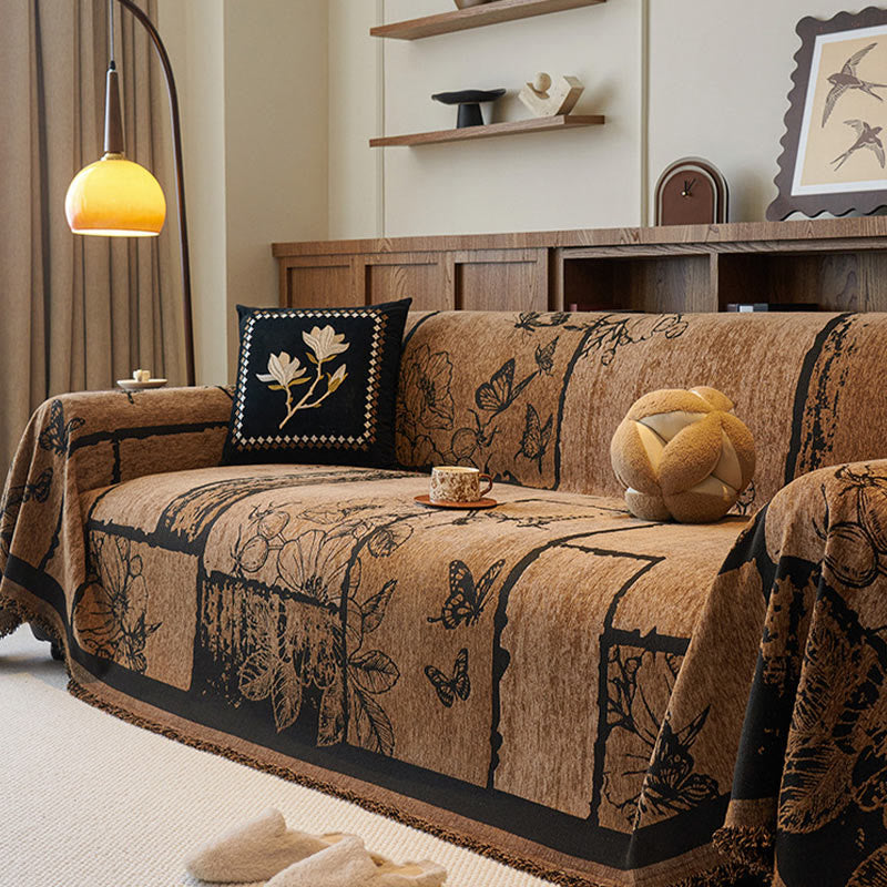 Housse de canapé en chenille avec plantes artificielles vintage et motif floral