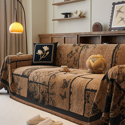Housse de canapé en chenille avec plantes artificielles vintage et motif floral