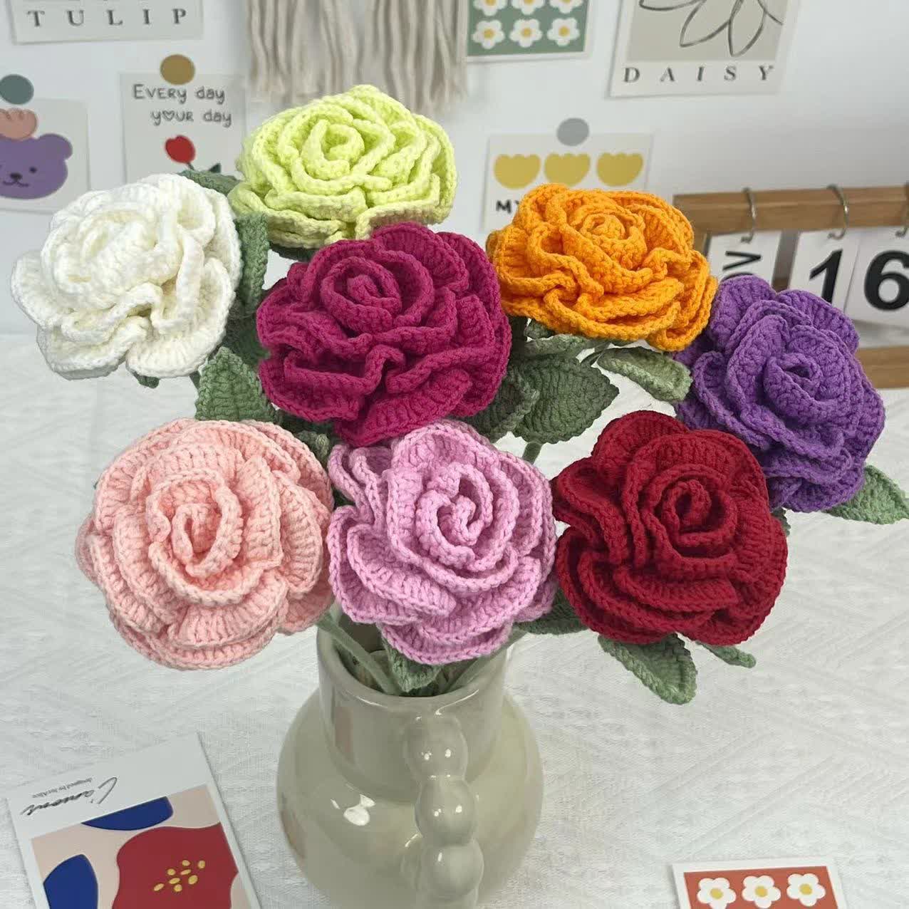 Rose artificielle, ornement en fil crocheté à la main