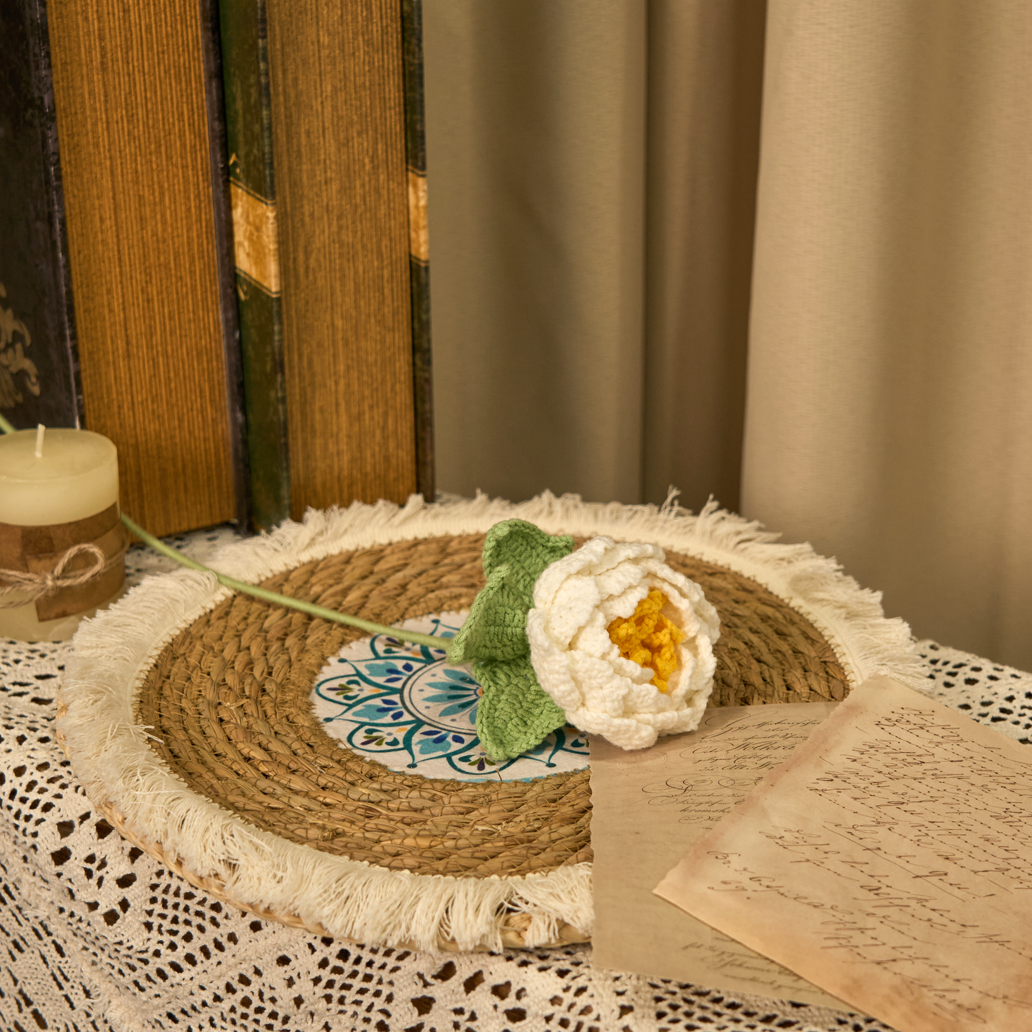 Décoration d'intérieur en fil crocheté à la main en forme de fleur de pivoine
