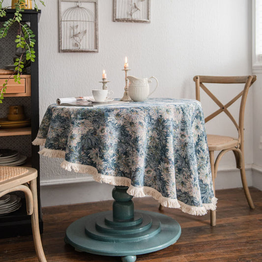 Nappe ronde style peinture à l'huile avec pompon jacquard