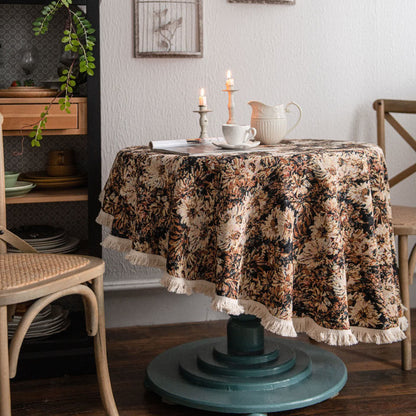 Nappe ronde style peinture à l'huile avec pompon jacquard